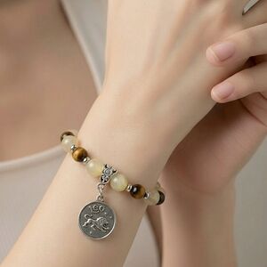 Leo Zodiac Beaded Charm Bracelet - Rutilated Quartz Honey Calcite Tiger's Eye 7"
